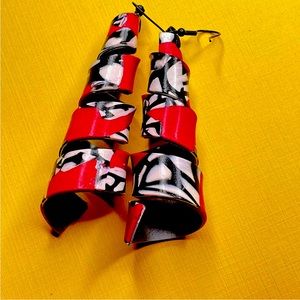 Handmade Red Zebra Dangle Long Spiral Earrings
